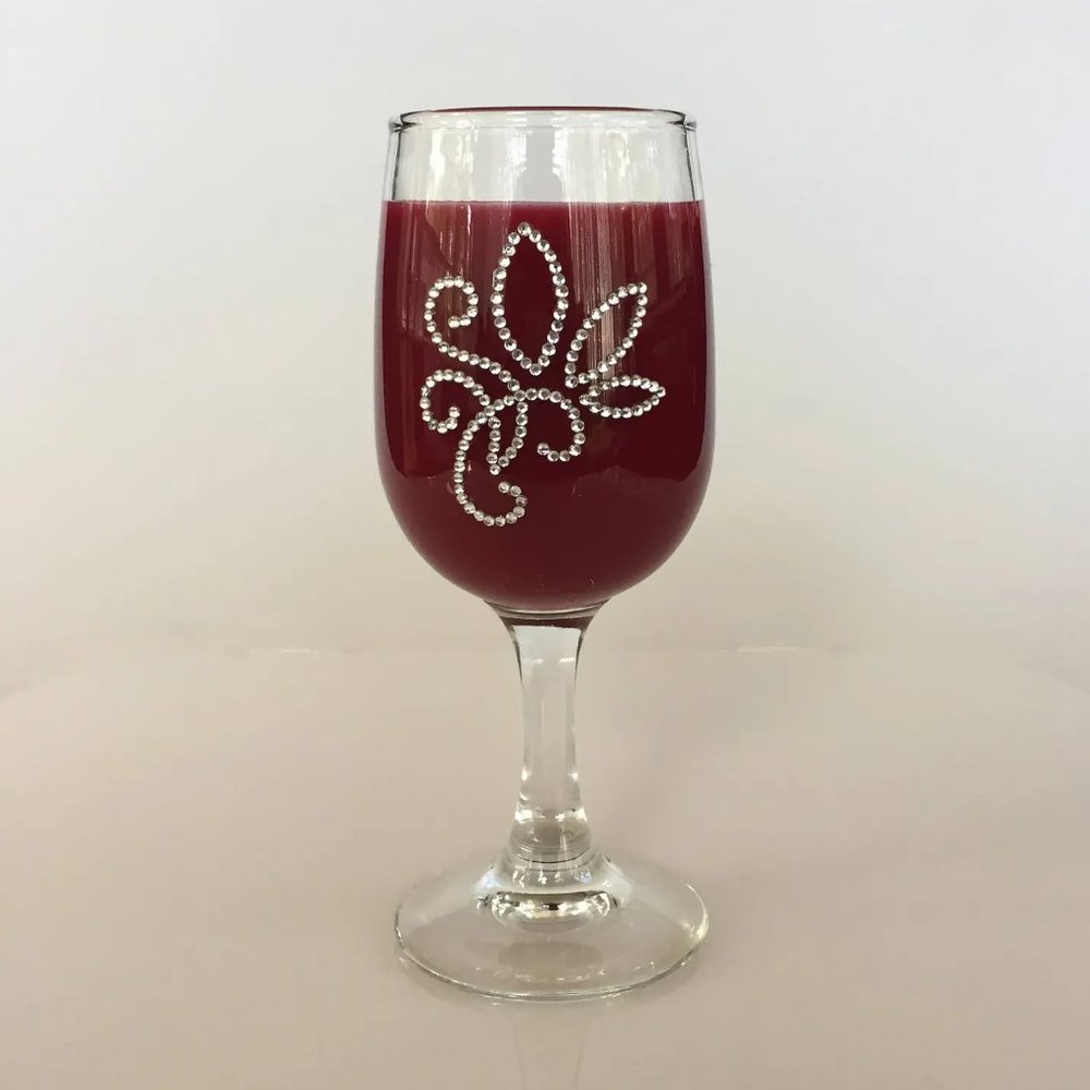 Petite wine glass, unique. Two-Sided with a different flower. Silver rhinestones